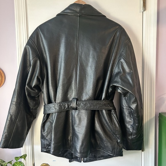 Vtg 80's Blueline & Company Ladies Black Leather Jacket M Belted - Picture 2 of 7